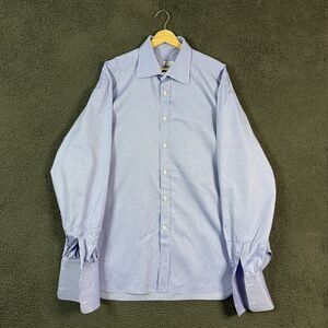 Kiton Dress Shirt Mens 18.5 Blue Spread Collar French Cuff Long Sleeve Italy